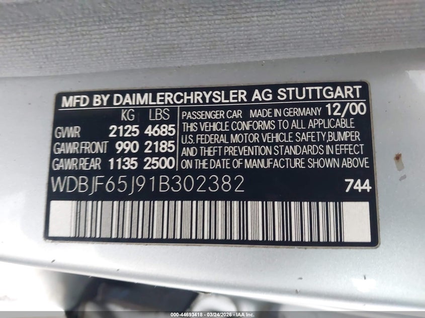 2001 Mercedes-Benz E 320 VIN: WDBJF65J91B302382 Lot: 44693418