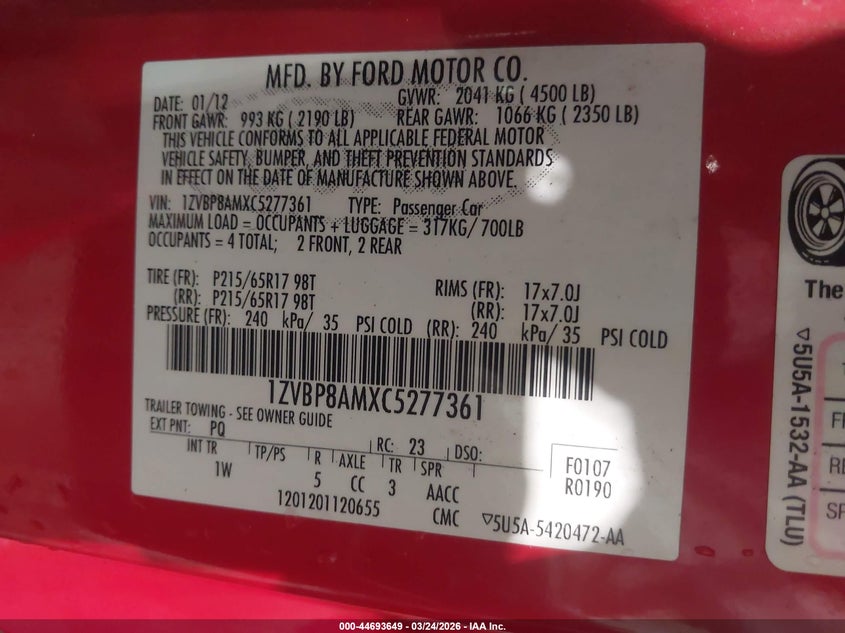 2012 Ford Mustang V6 VIN: 1ZVBP8AMXC5277361 Lot: 44693649