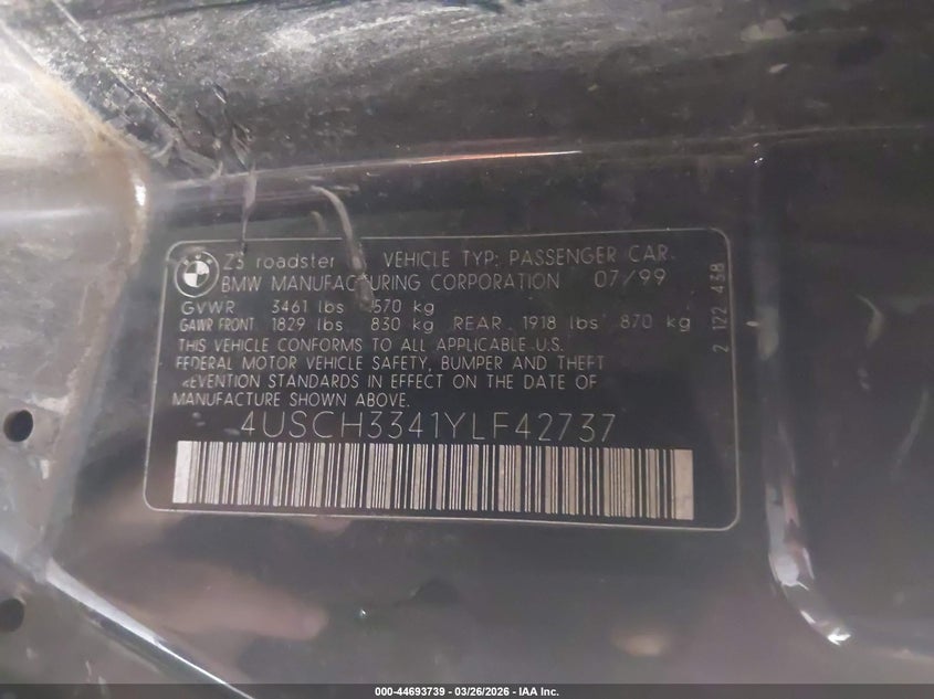 2000 BMW Z3 2.8 VIN: 4USCH3341YLF42737 Lot: 44693739