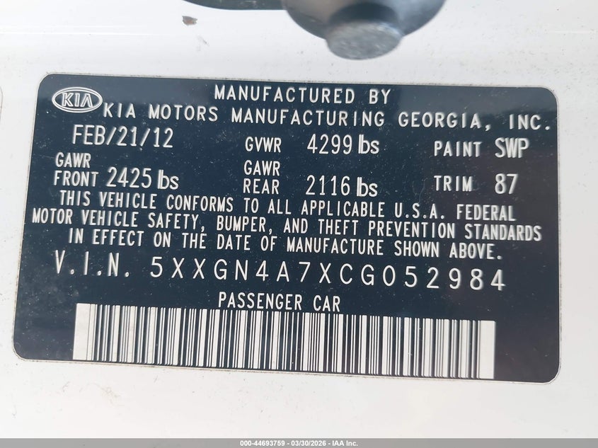 2012 Kia Optima 2.4 Ex white Lot 111044693759 Vin 5XXGN4A7XCG052984