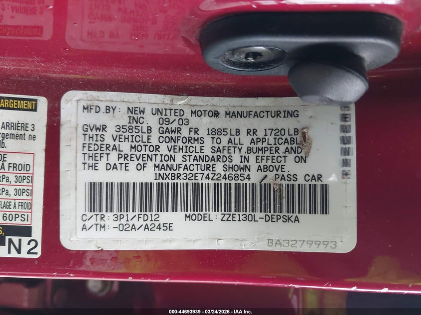 2004 Toyota Corolla S VIN: 1NXBR32E74Z246854 Lot: 44693939