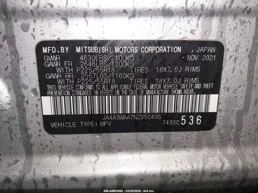 2022 Mitsubishi Eclipse Cross Se/Se Special Edition/Sel/Sel Special Edition VIN: JA4ASWAA7NZ050495 Lot: 44693950