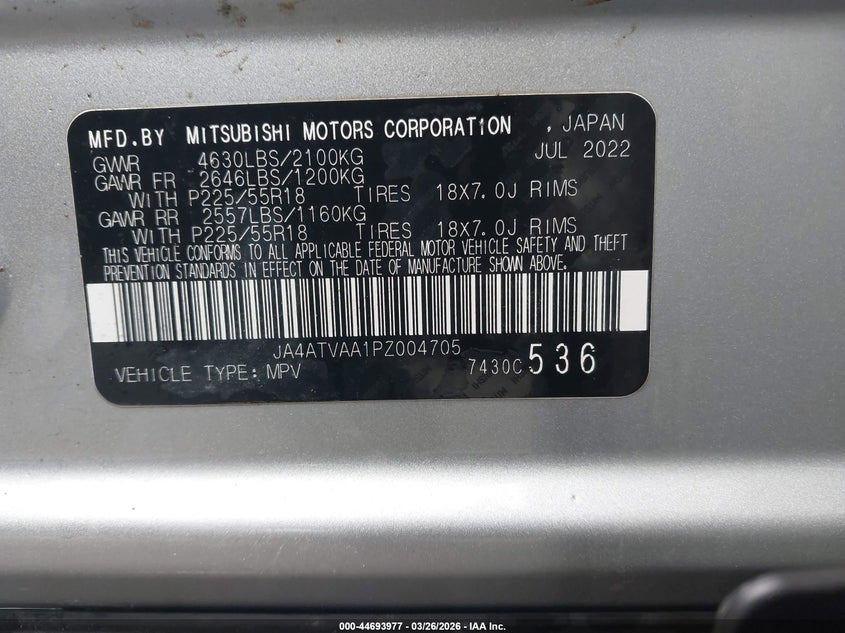 2023 Mitsubishi Eclipse Cross Le S-Awc/Ralliart S-Awc VIN: JA4ATVAA1PZ004705 Lot: 44693977