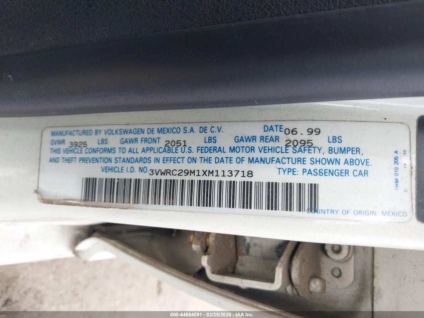 1999 Volkswagen Jetta Gl VIN: 3VWRC29M1XM113718 Lot: 44694091