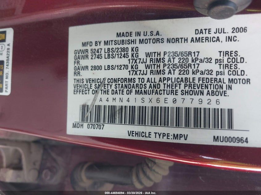 2006 Mitsubishi Endeavor Limited VIN: 4A4MN41SX6E077926 Lot: 44694094