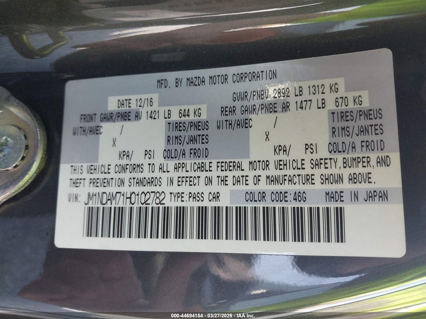 2017 Mazda Mx-5 Miata Rf Launch Edition VIN: JM1NDAM71H0102782 Lot: 44694154