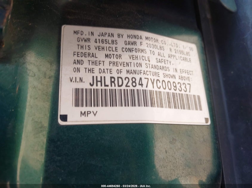 2000 Honda Cr-V Lx VIN: JHLRD2847YC009337 Lot: 44694260