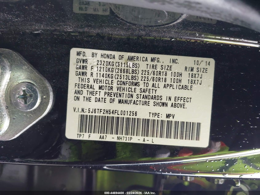 2015 Honda Crosstour Ex-L V6 VIN: 5J6TF2H54FL001256 Lot: 44694408