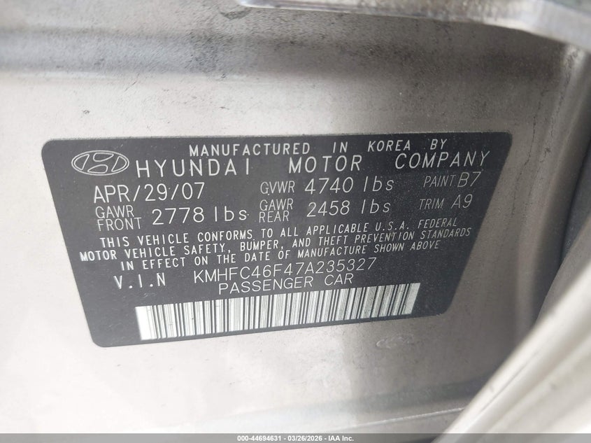2007 Hyundai Azera Limited/Se VIN: KMHFC46F47A235327 Lot: 44694631