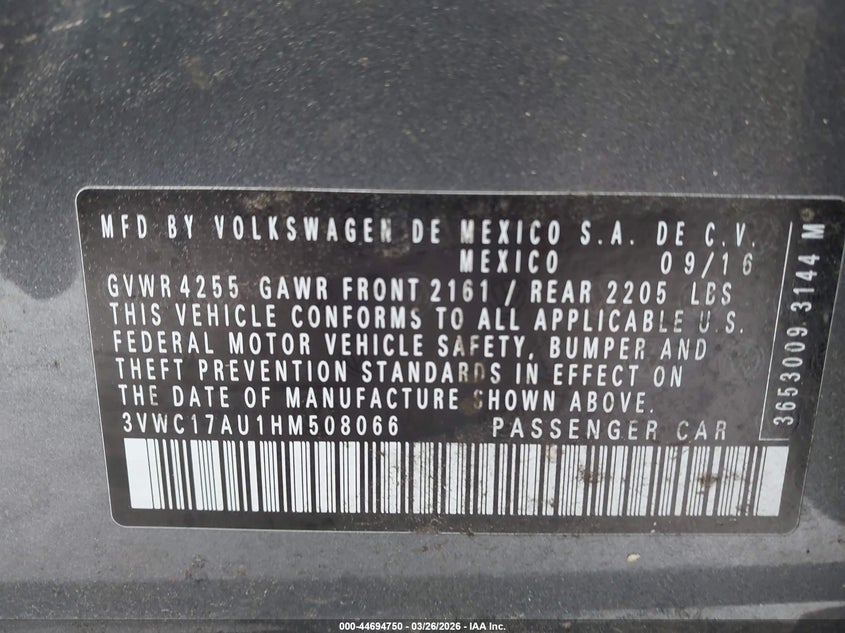 2017 Volkswagen Golf Sportwagen Tsi S VIN: 3VWC17AU1HM508066 Lot: 44694750