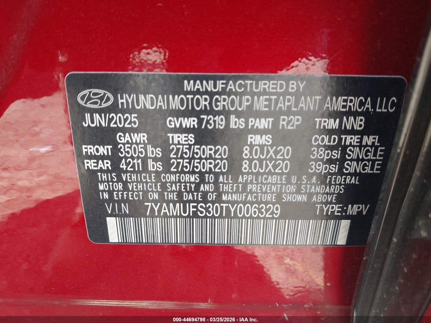 2026 Hyundai Ioniq 9 Sel VIN: 7YAMUFS30TY006329 Lot: 44694798