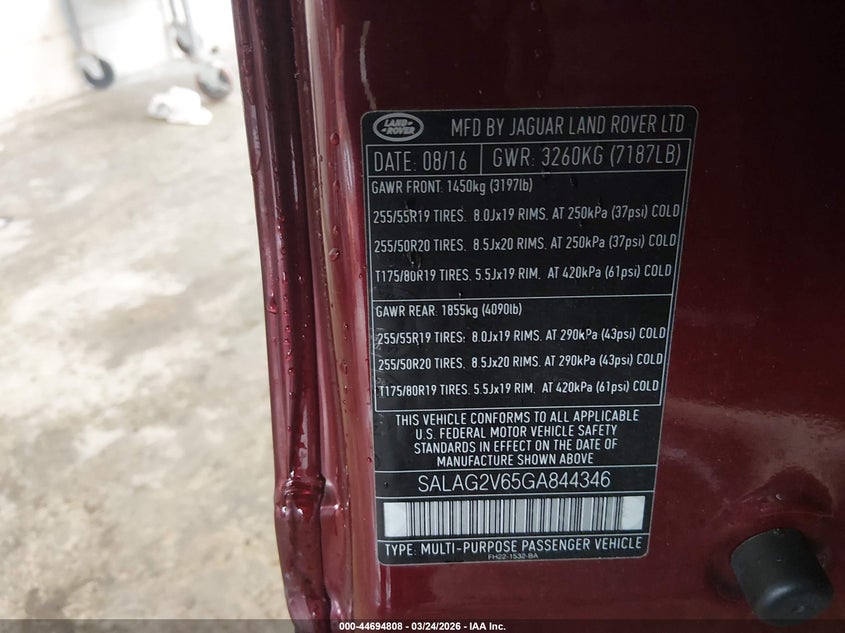 2016 Land Rover Lr4 VIN: SALAG2V65GA844346 Lot: 44694808