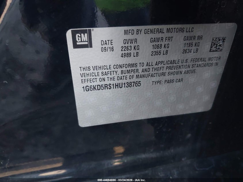 2017 Cadillac Ct6 Luxury VIN: 1G6KD5RS1HU138765 Lot: 44694886