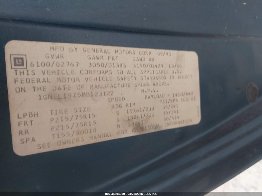 1991 Chevrolet Astro Van VIN: 1GNEL19Z5MB123122 Lot: 44694959