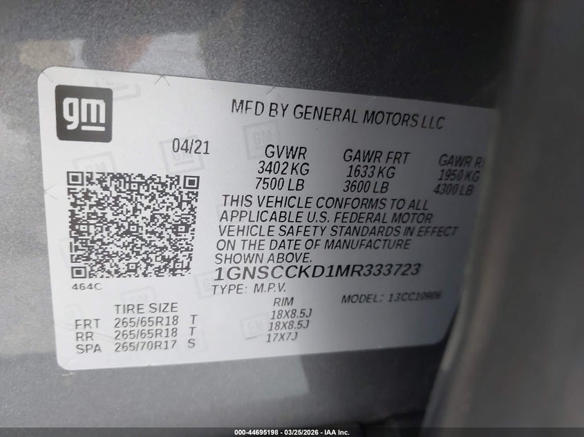 2021 Chevrolet Suburban 2Wd Lt VIN: 1GNSCCKD1MR333723 Lot: 44695198