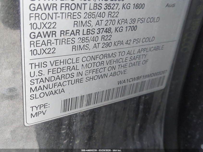 2021 Audi Sq8 Prestige Tfsi Quattro Tiptronic VIN: WA1CWBF19MD003267 Lot: 44695239