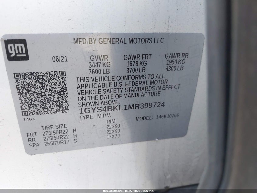 2021 Cadillac Escalade 4Wd Premium Luxury VIN: 1GYS4BKL1MR399724 Lot: 44695326