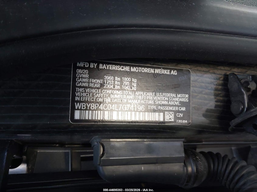 2020 BMW I3 120Ah W/Range Extender VIN: WBY8P4C04L7G74196 Lot: 44695353