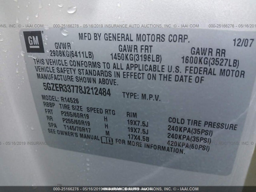 2008 Saturn Outlook Xr VIN: 5GZER33778J212484 Lot: 44695369