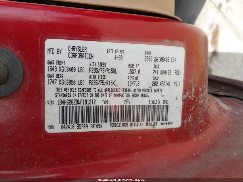 1998 Dodge Durango Slt VIN: 1B4HS28Z9WF181212 Lot: 44695433