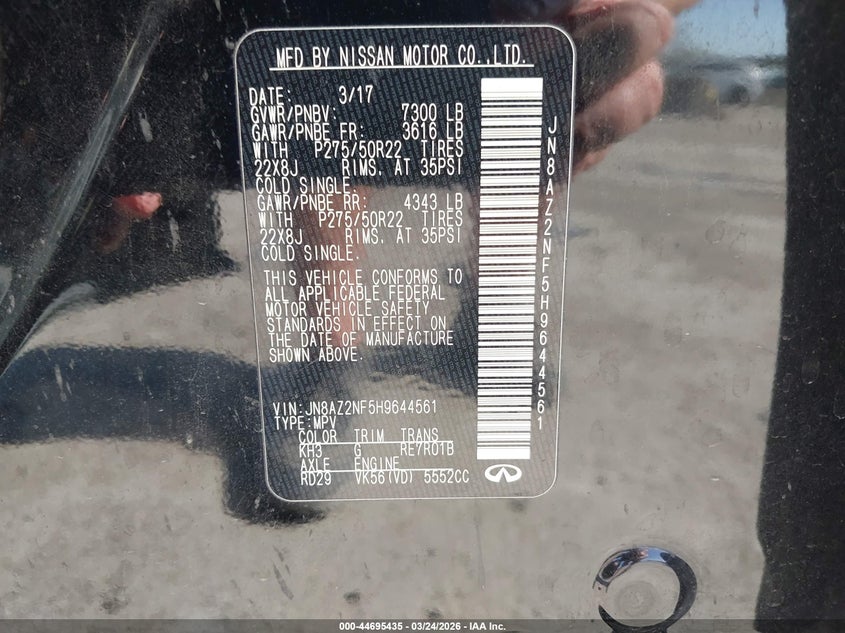 2017 Infiniti Qx80 VIN: JN8AZ2NF5H9644561 Lot: 44695435