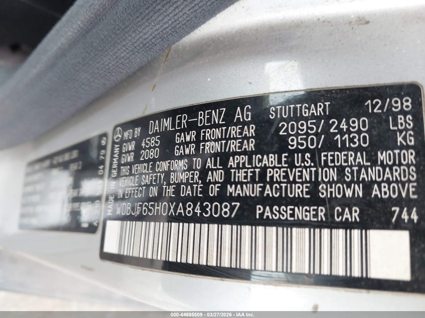 1999 Mercedes-Benz E 320 VIN: WDBJF65H0XA843087 Lot: 44695509