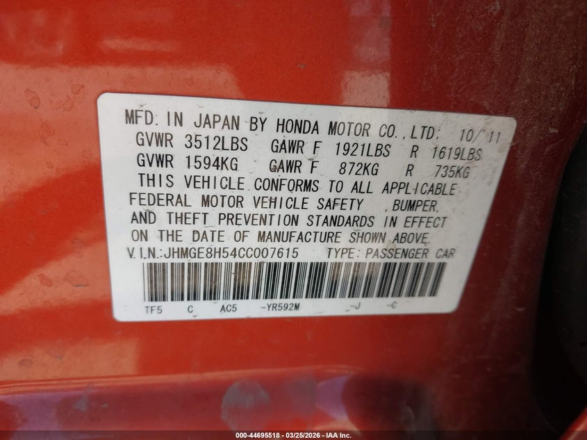 2012 Honda Fit Sport VIN: JHMGE8H54CC007615 Lot: 44695518