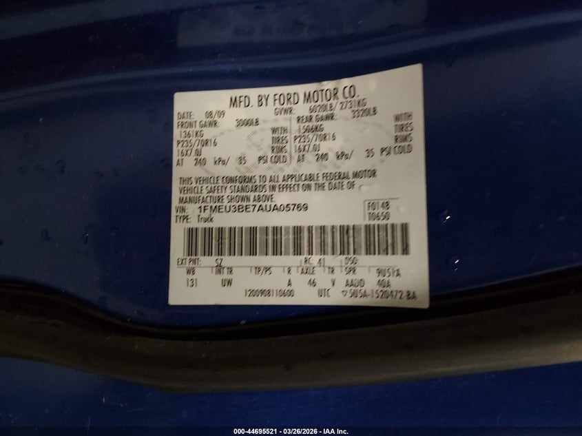 2010 Ford Explorer Sport Trac Xlt VIN: 1FMEU3BE7AUA05769 Lot: 44695521