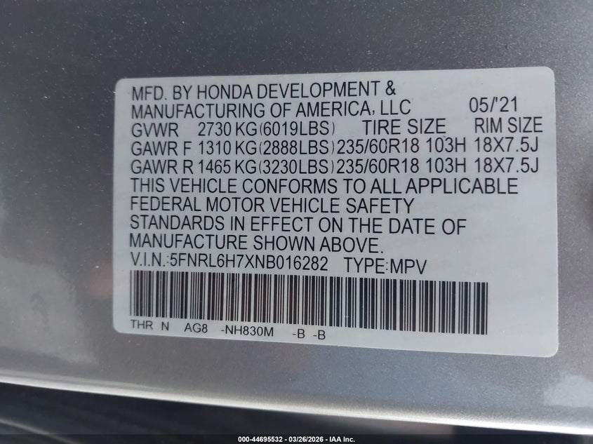 2022 Honda Odyssey Ex-L VIN: 5FNRL6H7XNB016282 Lot: 44695532