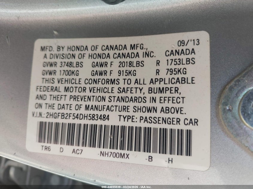 2013 Honda Civic Lx VIN: 2HGFB2F54DH583484 Lot: 44695539