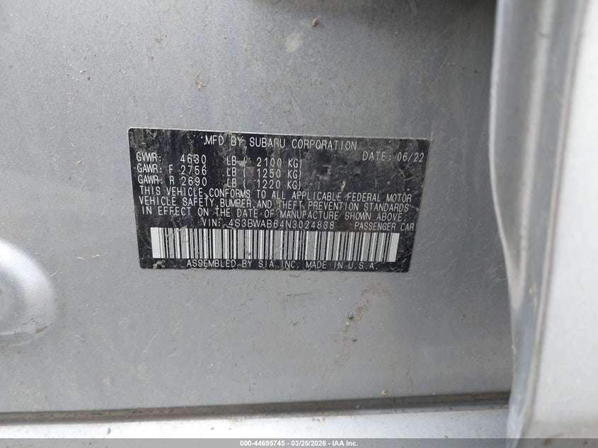 2022 Subaru Legacy VIN: 4S3BWAB64N3024838 Lot: 44695745