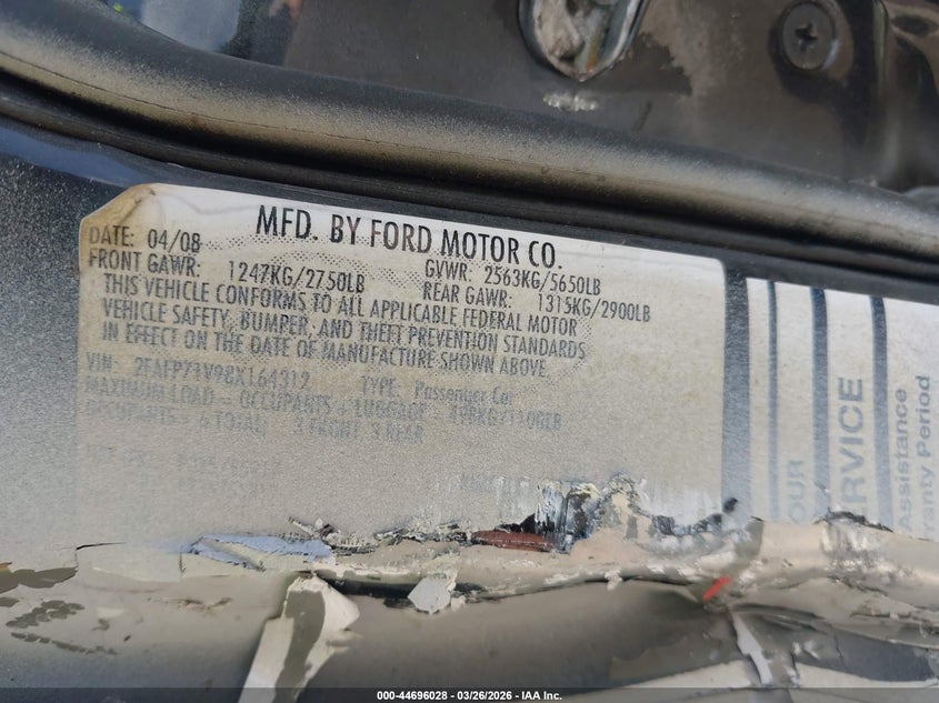 2008 Ford Crown Victoria Police/Police Interceptor VIN: 2FAFP71V98X164312 Lot: 44696028