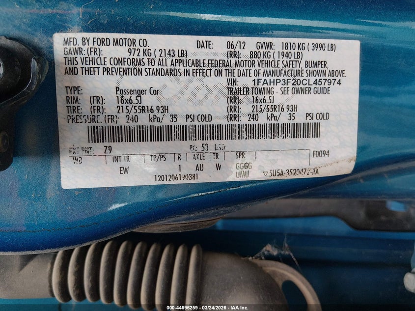 2012 Ford Focus 2.0 Se blue Lot 111044696259 Vin 1FAHP3F20CL457974