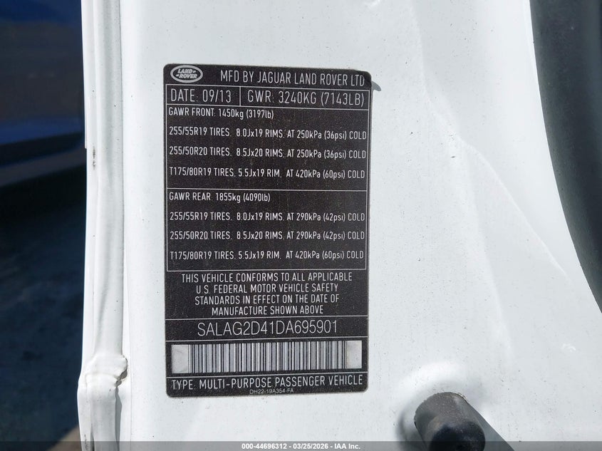 2013 Land Rover Lr4 VIN: SALAG2D41DA695901 Lot: 44696312