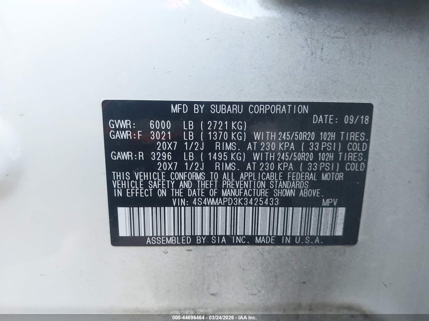 2019 Subaru Ascent Limited VIN: 4S4WMAPD3K3425433 Lot: 44696464