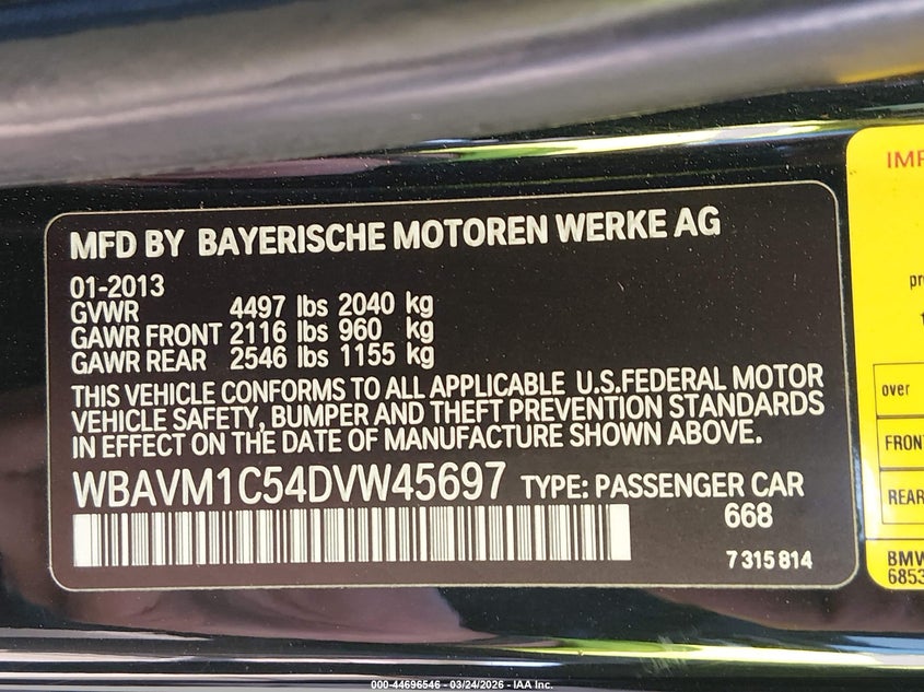 2013 BMW X1 Sdrive28I VIN: WBAVM1C54DVW45697 Lot: 44696546