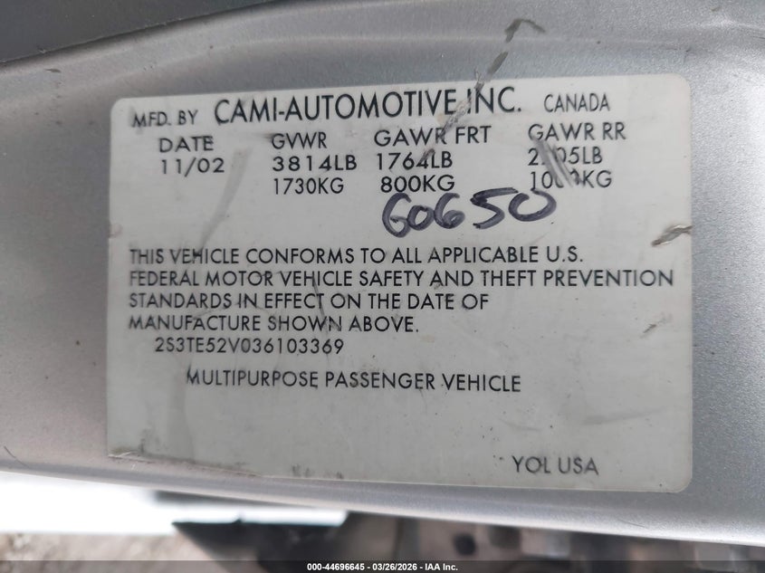2003 Suzuki Vitara VIN: 2S3TE52V036103369 Lot: 44696645