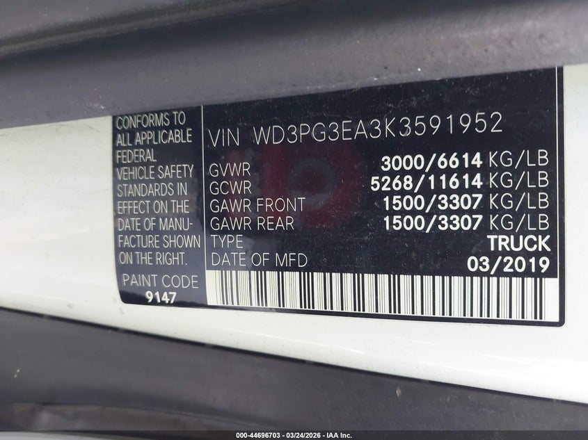 2019 Mercedes-Benz Metris VIN: WD3PG3EA3K3591952 Lot: 44696703