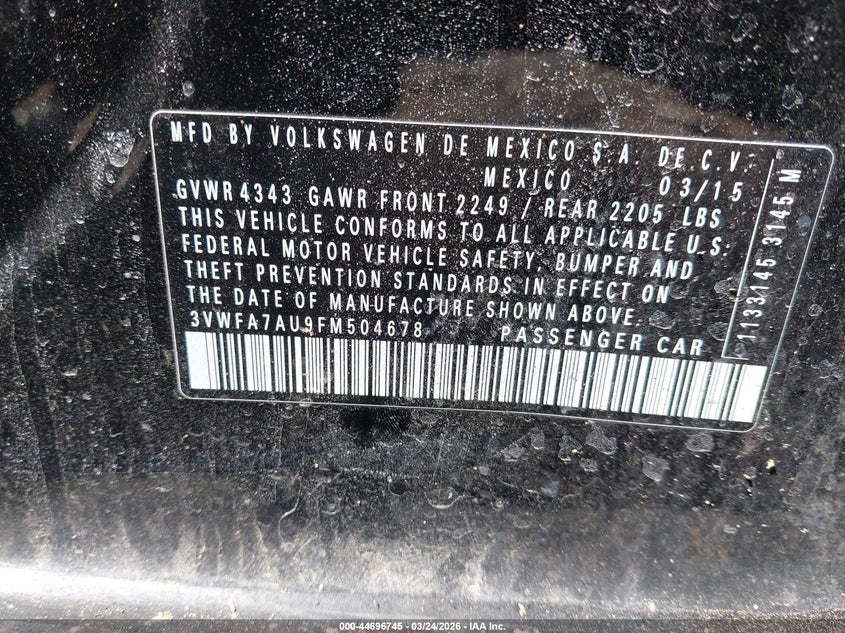 2015 Volkswagen Golf Sportwagen Tdi S 4-Door VIN: 3VWFA7AU9FM504678 Lot: 44696745