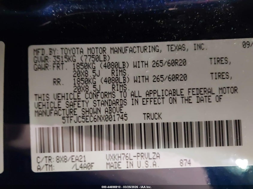 2022 Toyota Tundra Hybrid Limited VIN: 5TFJC5EC6NX001745 Lot: 44696910