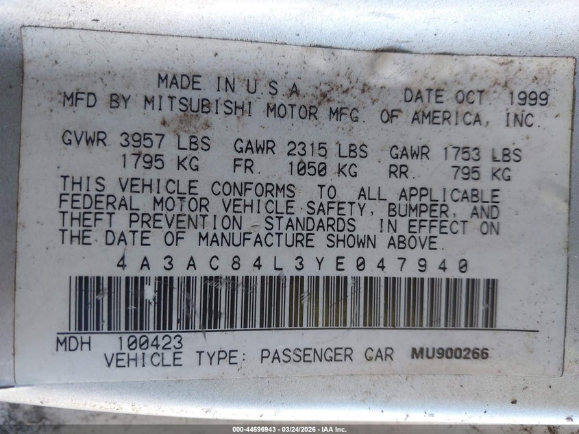2000 Mitsubishi Eclipse Gt VIN: 4A3AC84L3YE047940 Lot: 44696943