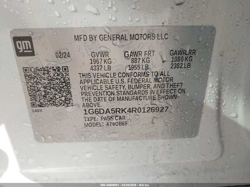 2024 Cadillac Ct4 Luxury VIN: 1G6DA5RK4R0126927 Lot: 44696951