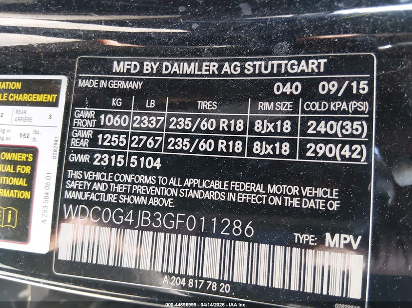 2016 Mercedes-Benz Glc 300 VIN: WDC0G4JB3GF011286 Lot: 44696999