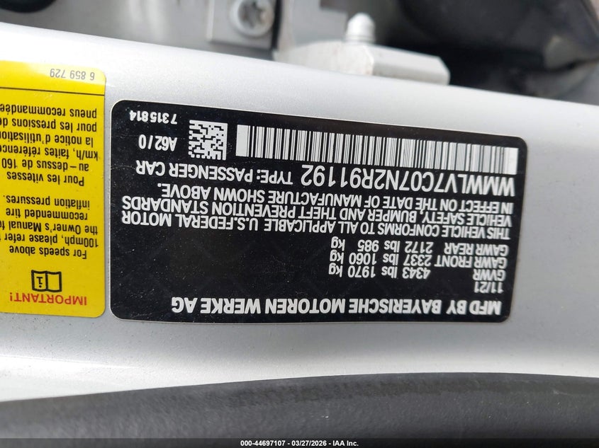 2022 Mini Clubman Cooper S VIN: WMWLV7C07N2R91192 Lot: 44697107