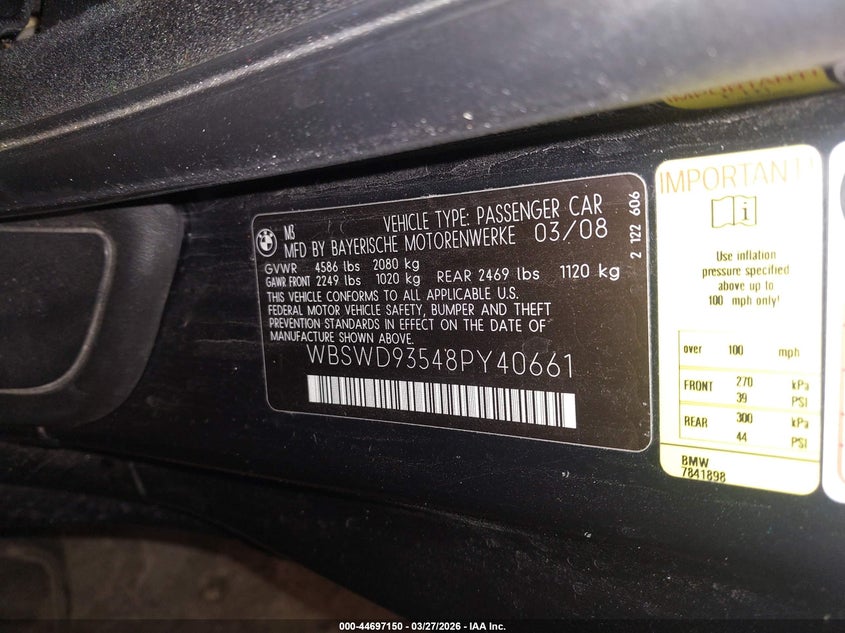 2008 BMW M3 VIN: WBSWD93548PY40661 Lot: 44697150