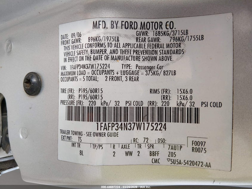 2007 Ford Focus S/Se/Ses VIN: 1FAFP34N37W175224 Lot: 44697224