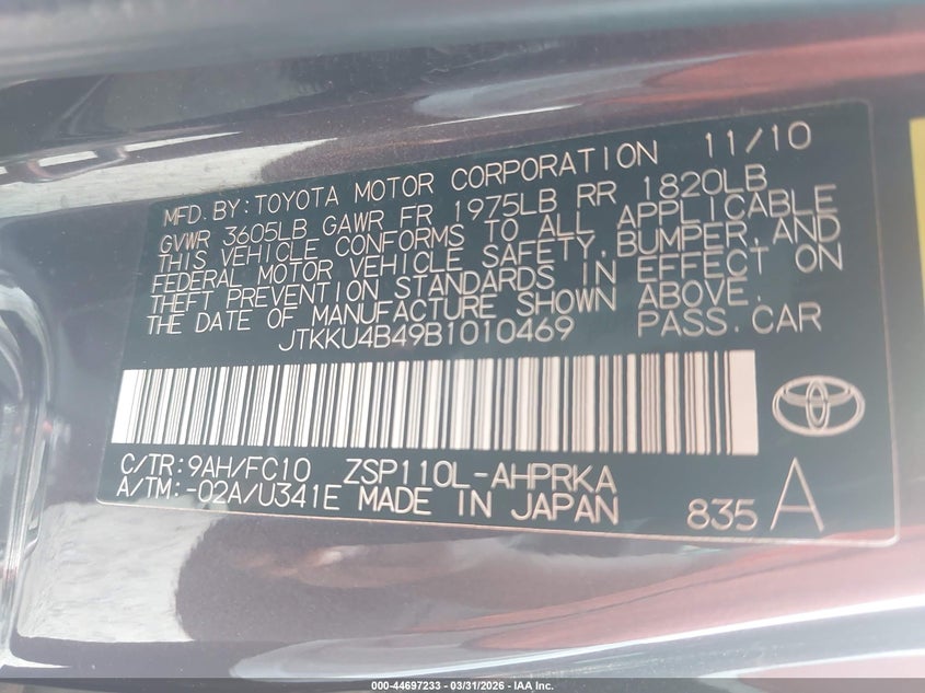2011 Scion Xd VIN: JTKKU4B49B1010469 Lot: 44697233