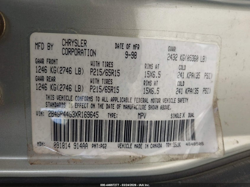 1999 Dodge Grand Caravan Se VIN: 2B4GP44G3XR169645 Lot: 44697277