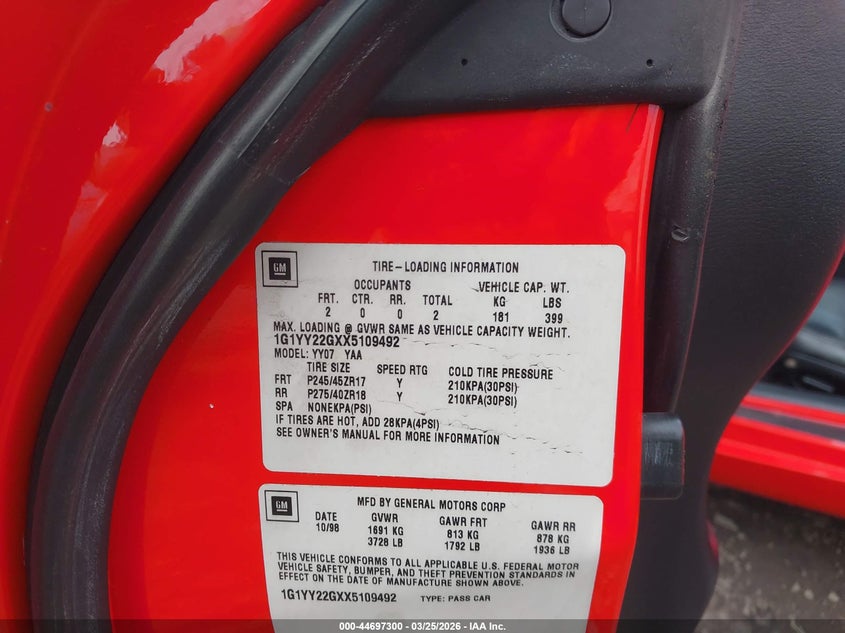 1999 Chevrolet Corvette VIN: 1G1YY22GXX5109492 Lot: 44697300