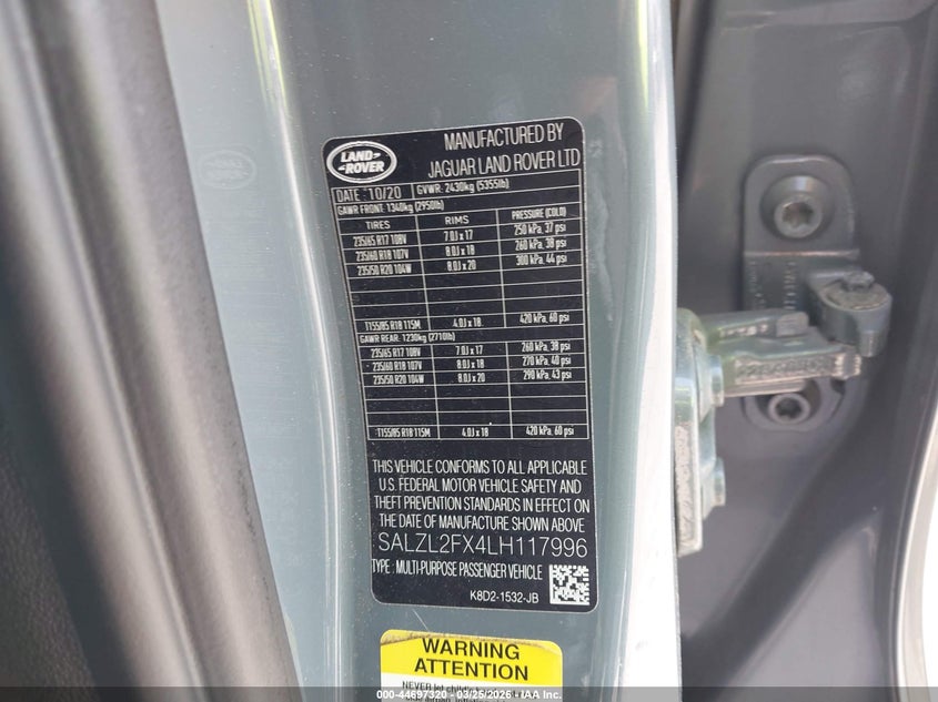 2020 Land Rover Range Rover Evoque First Edition VIN: SALZL2FX4LH117996 Lot: 44697320